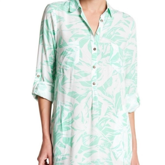 Melissa Odabash Tunic Shirt Dress Cover Up Pockets Roll Tab Sleeve Green Size S - Picture 1 of 10